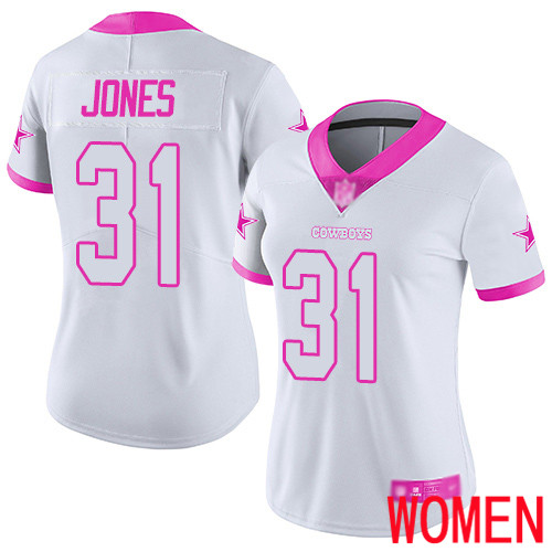 Women Dallas Cowboys Limited White Pink Byron Jones #31 Rush Fashion NFL Jersey